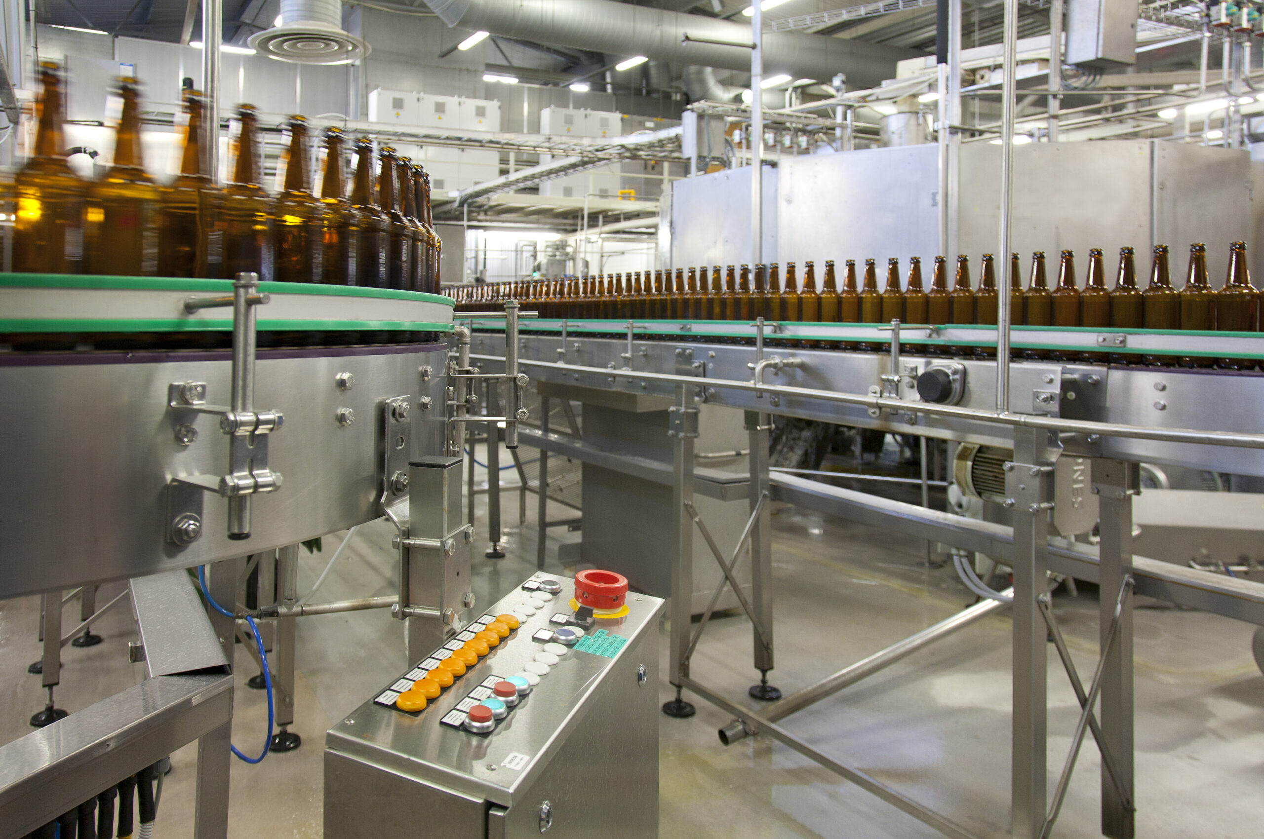 Beer bottles moving along a conveyor belt in a factory