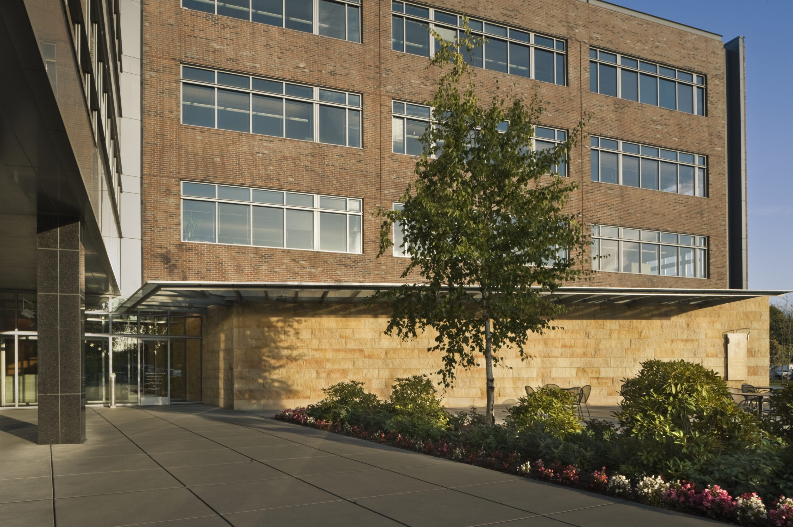 Modern building with a landscaped entrance